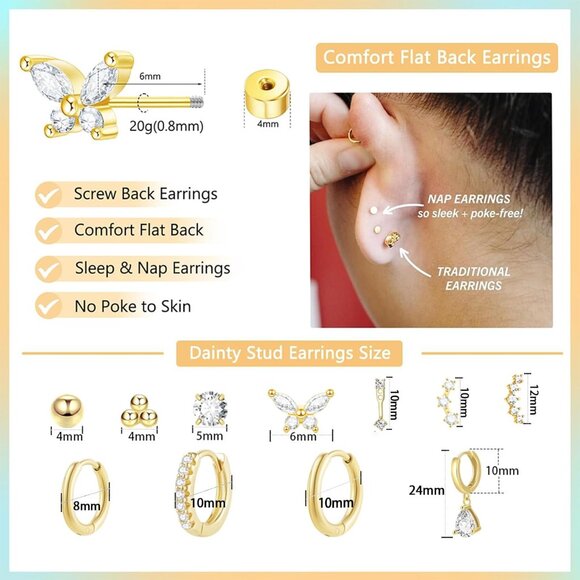 Gold Stainless Steel Flat Back Earrings Set for Sensitive Ears - Hypoallergenic, - Picture 3 of 6